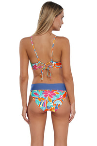 Back pose #1 of Jessica wearing Sunsets Festive Floral Sandbar Rib Capri High Waist Bottom showing folded waist paired with matching