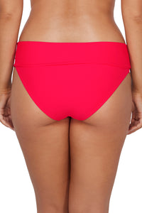 Back pose #1 of Taylor wearing Sunsets Geranium Capri High Waist Bottom showing folded waist