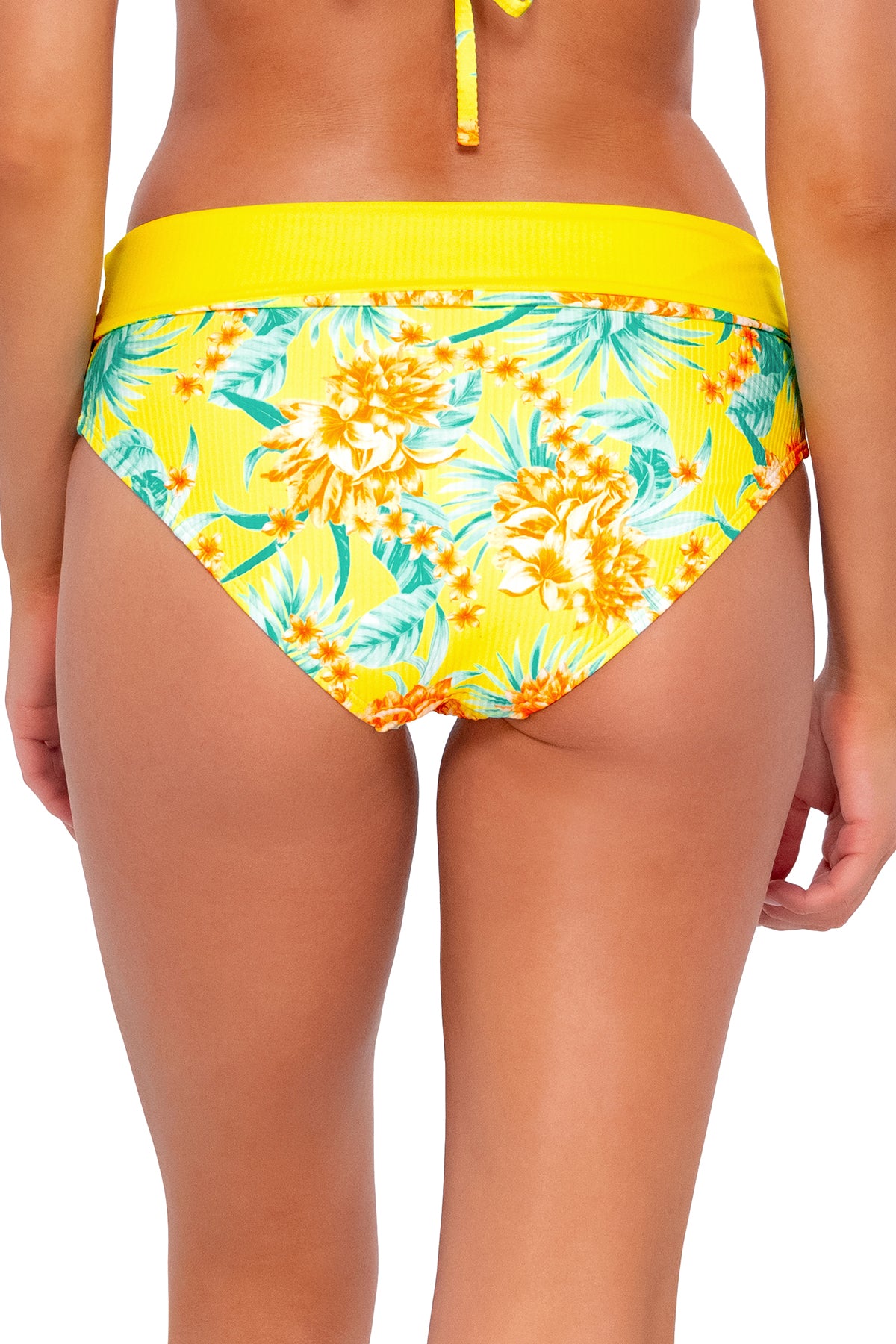 Back pose #1 of Daria wearing Sunsets Golden Tropics Sandbar Rib Capri High Waist Bottom showing folded waist .