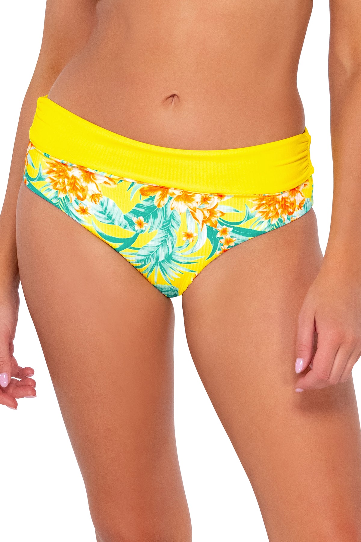Front pose #1 of Daria wearing Sunsets Golden Tropics Sandbar Rib Capri High Waist Bottom showing folded waist .