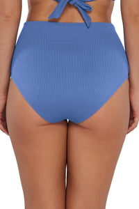 Back pose #1 of Taylor wearing Sunsets Harbor Blue Sandbar Rib Capri High Waist Bottom