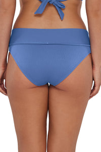 Back pose #1 of Taylor wearing Sunsets Harbor Blue Sandbar Rib Capri High Waist Bottom showing folded waist