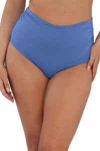 Front pose #2 of Taylor wearing Sunsets Harbor Blue Sandbar Rib Capri High Waist Bottom