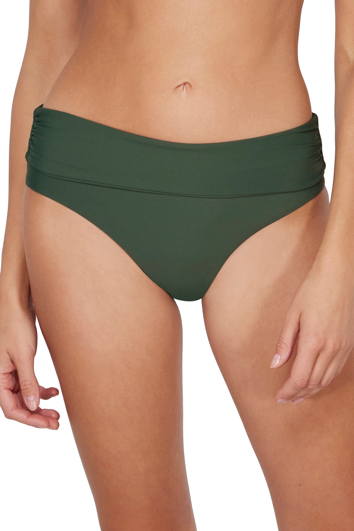 Front pose #3 of Daria wearing Sunsets Island Green Capri High Waist Bottom showing folded waist