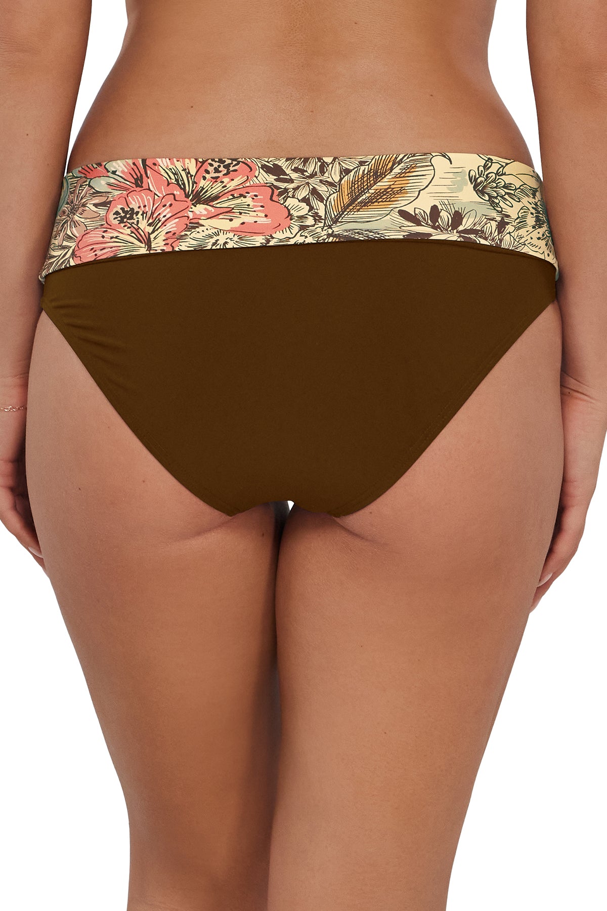 Back pose #1 of Taylor wearing Sunsets Island Spice Capri High Waist Bottom showing folded waist