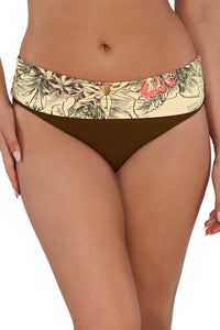 Front pose #1 of Taylor wearing Sunsets Island Spice Capri High Waist Bottom showing folded waist