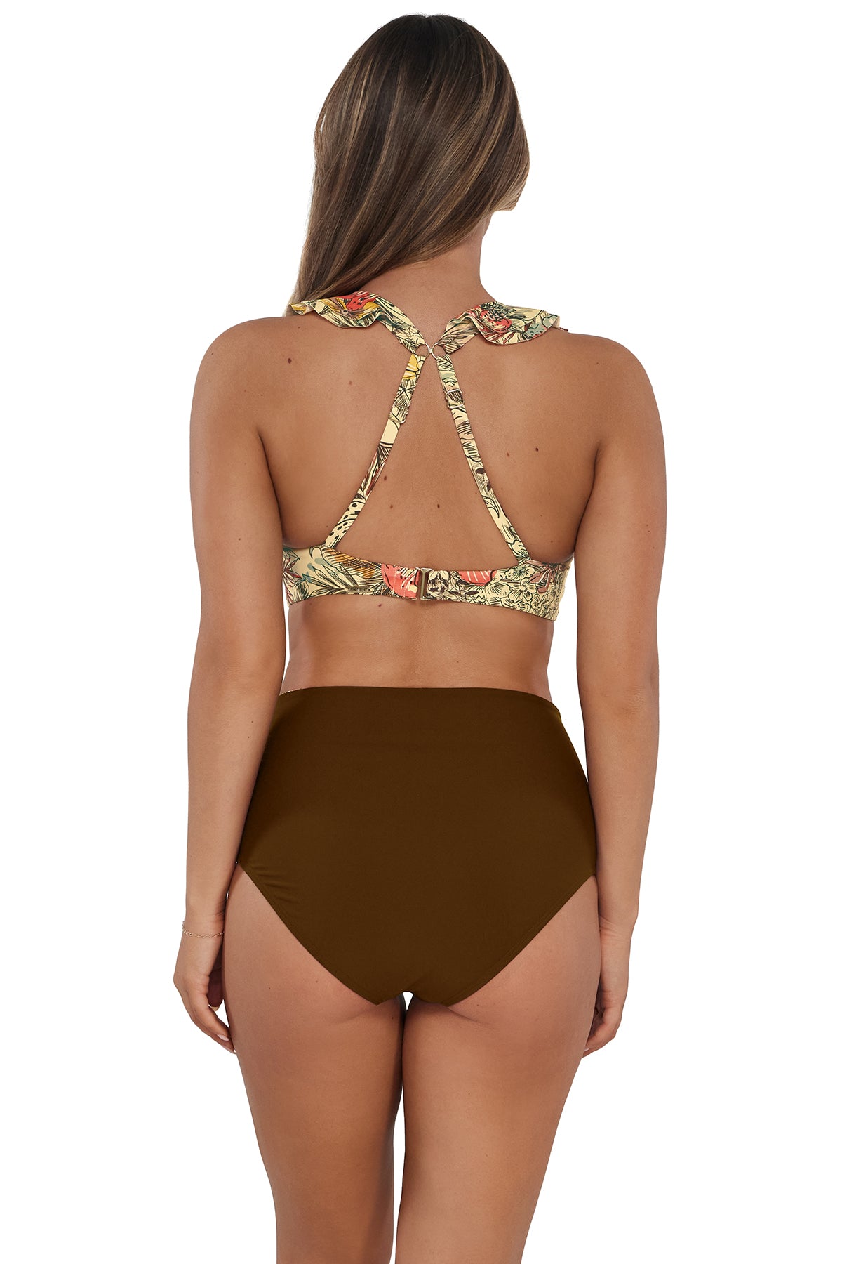 Back pose #1 of Taylor wearing Sunsets Island Spice Capri High Waist Bottom paired with matching