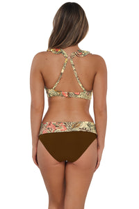 Back pose #1 of Taylor wearing Sunsets Island Spice Capri High Waist Bottom showing crossback straps paired with matching