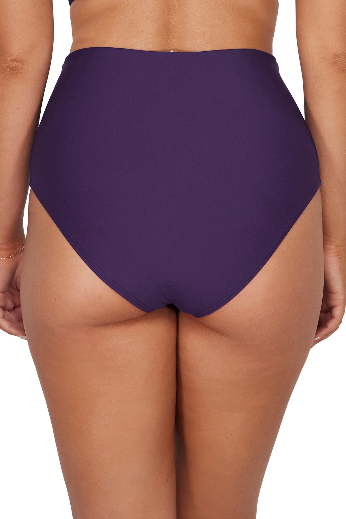 Back pose #1 of Taylor wearing Sunsets Paradise Plum Capri High Waist Bottom