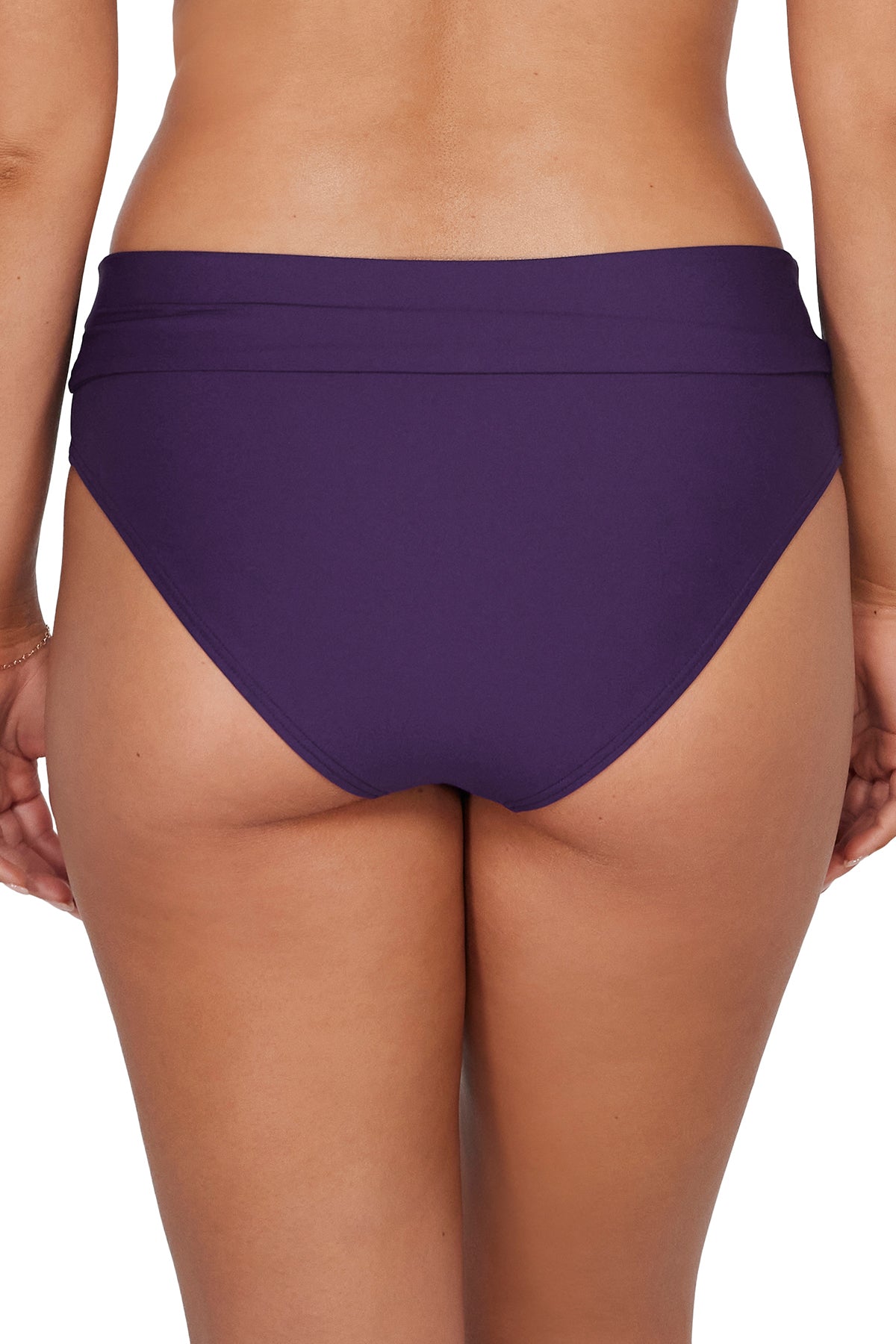 Back pose #1 of Taylor wearing Sunsets Paradise Plum Capri High Waist Bottom showing folded waist