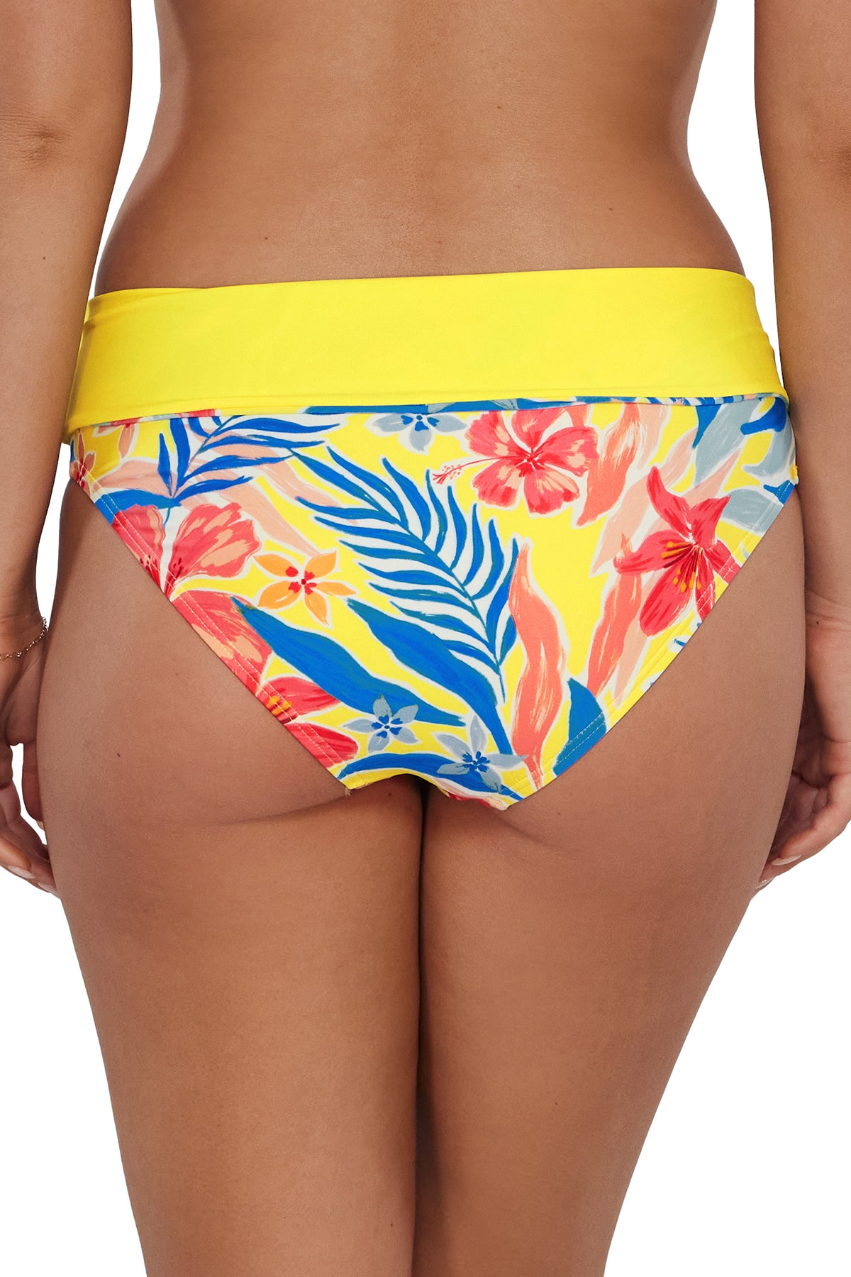 Back pose #1 of Taylor wearing Sunsets Suncatcher Capri High Waist Bottom showing folded waist