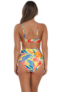 Back pose #1 of Taylor wearing Sunsets Suncatcher Capri High Waist Bottom paired with matching Kauai Keyhole Bikini Top