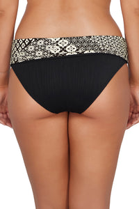 Back pose #1 of Taylor wearing Sunsets Venice Seagrass Texture Capri High Waist Bottom showing folded waist