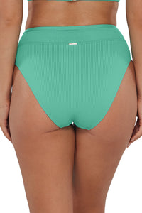 Back pose #2 of Taylor wearing Sunsets Aqua Mist Sandbar Rib Annie High Waist Bottom