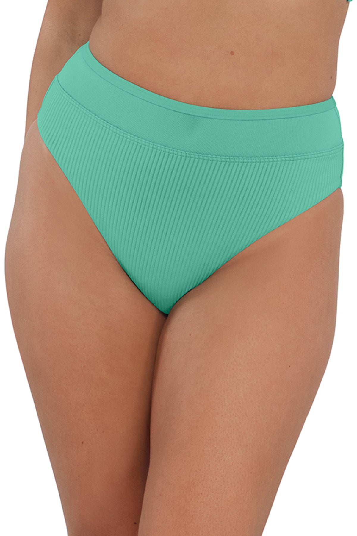 Front pose #2 of Taylor wearing Sunsets Aqua Mist Sandbar Rib Annie High Waist Bottom