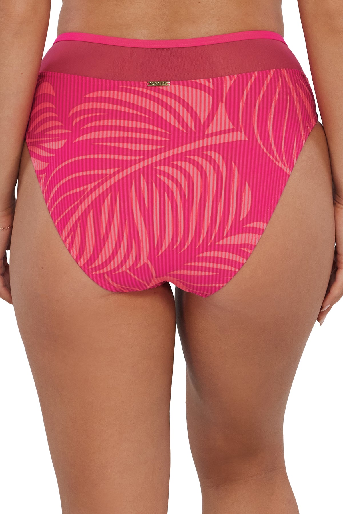 Back pose #1 of Taylor wearing Sunsets Blushing Palms Sandbar Rib Annie High Waist Bottom