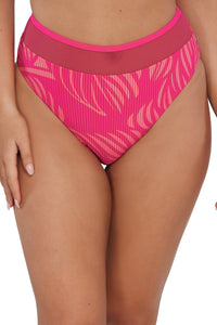 Front pose #1 of Taylor wearing Sunsets Blushing Palms Sandbar Rib Annie High Waist Bottom