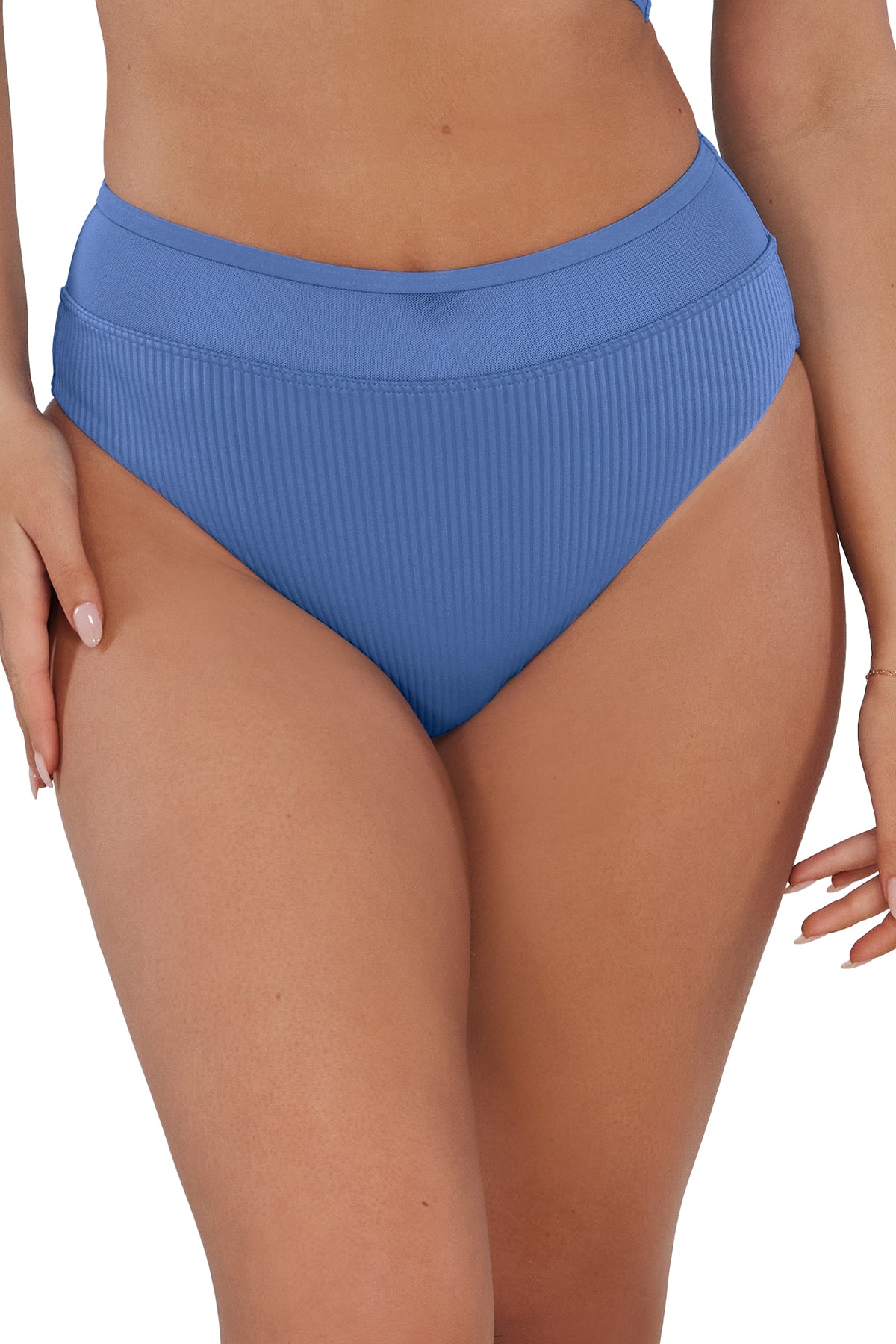 Front pose #1 of Taylor wearing Sunsets Harbor Blue Sandbar Rib Annie High Waist Bottom