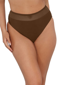 pose #2 of Taylor wearing Sunsets Tiki Brown Annie High Waist Bottom