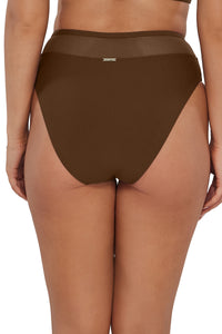 Back pose #2 of Taylor wearing Sunsets Tiki Brown Annie High Waist Bottom