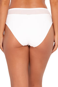 Back pose #1 of Taylor wearing Sunsets White Lily Annie High Waist Bottom .
