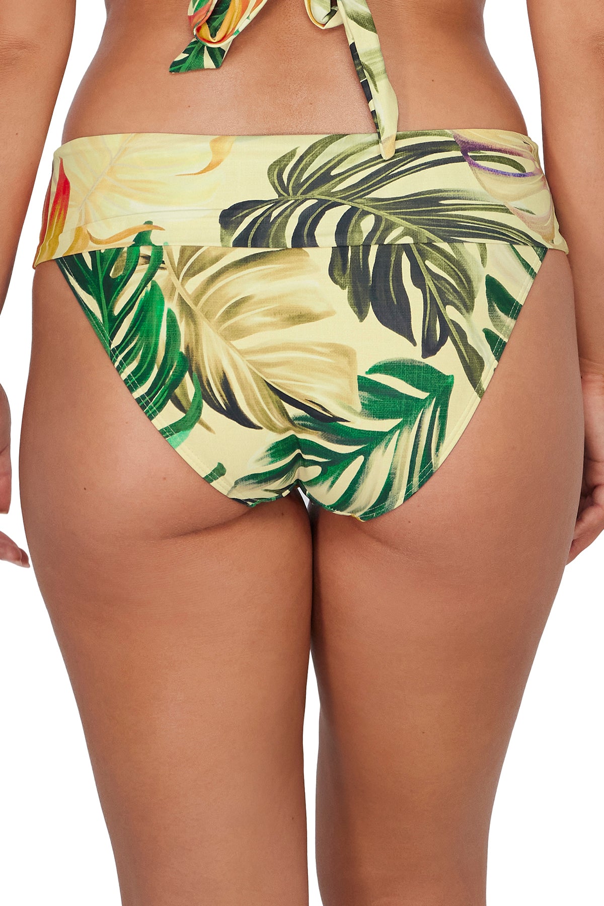 Back pose #1 of Taylor wearing Sunsets Amber Oasis Hannah High Waist Bottom showing folded waist