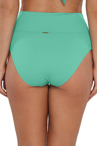 Back pose #1 of Taylor wearing Sunsets Aqua Mist Sandbar Rib Hannah High Waist Bottom