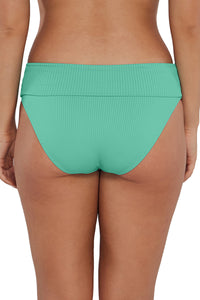 Back pose #2 of Taylor wearing Sunsets Aqua Mist Sandbar Rib Hannah High Waist Bottom showing folded waist