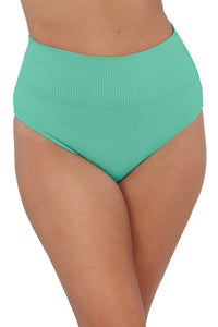 Front pose #3 of Taylor wearing Sunsets Aqua Mist Sandbar Rib Hannah High Waist Bottom