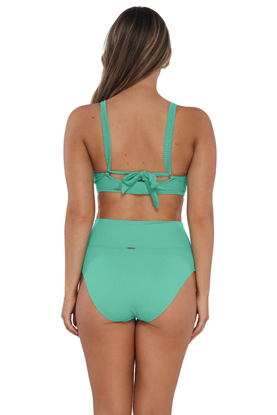 Back pose #1 of Taylor wearing Sunsets Aqua Mist Sandbar Rib Hannah High Waist Bottom paired with matching Bikini Top