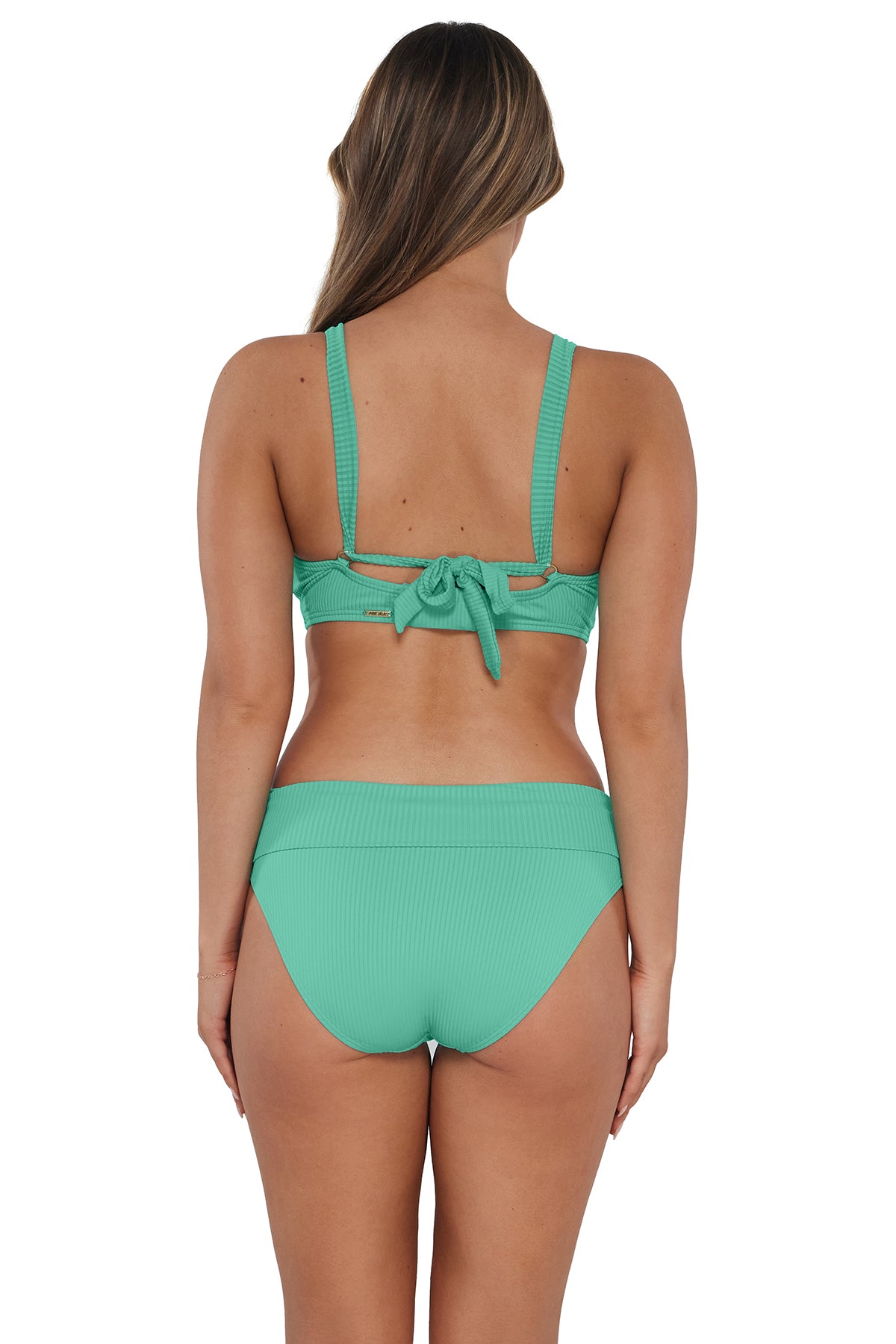 Back pose #1 of Taylor wearing Sunsets Aqua Mist Sandbar Rib Hannah High Waist Bottom showing folded waist paired with matching