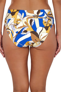 Back pose #1 of Nicki wearing Sunsets Bali Bungalow Hannah High Waist Bottom showing folded waist