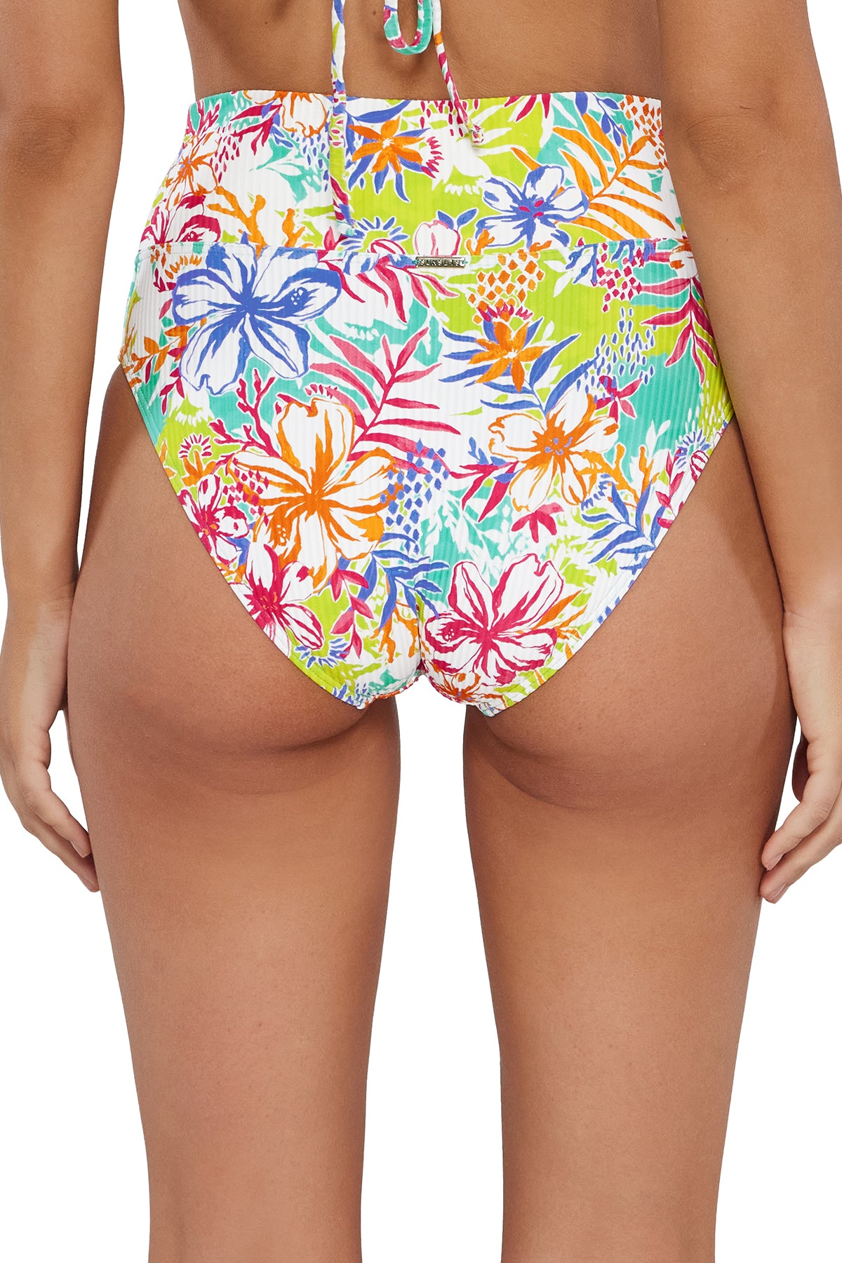 Back pose #1 of Jessica wearing Sunsets Botanical Bliss Sandbar Rib Hannah High Waist Bottom