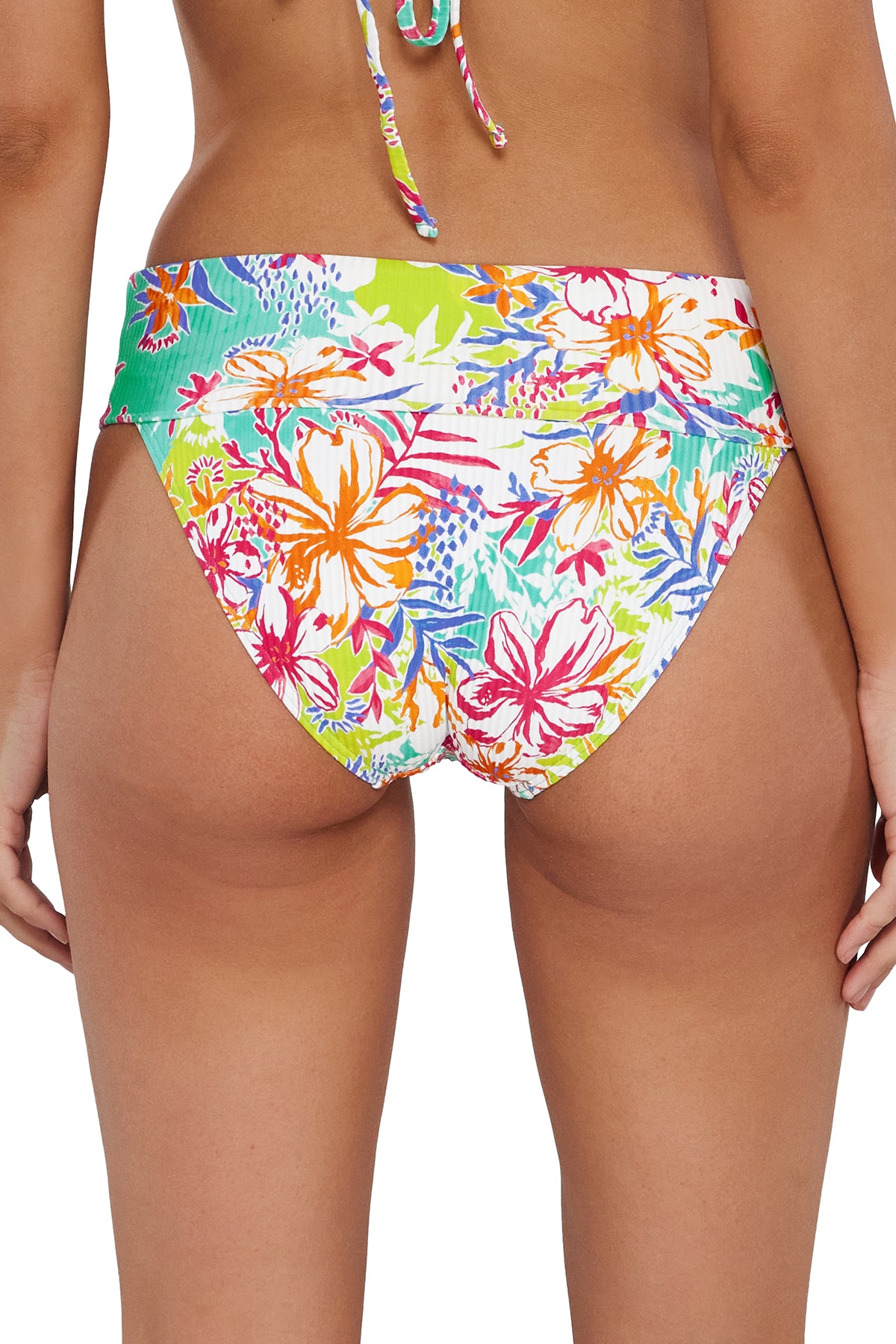 Back pose #1 of Jessica wearing Sunsets Botanical Bliss Sandbar Rib Hannah High Waist Bottom showing folded waist