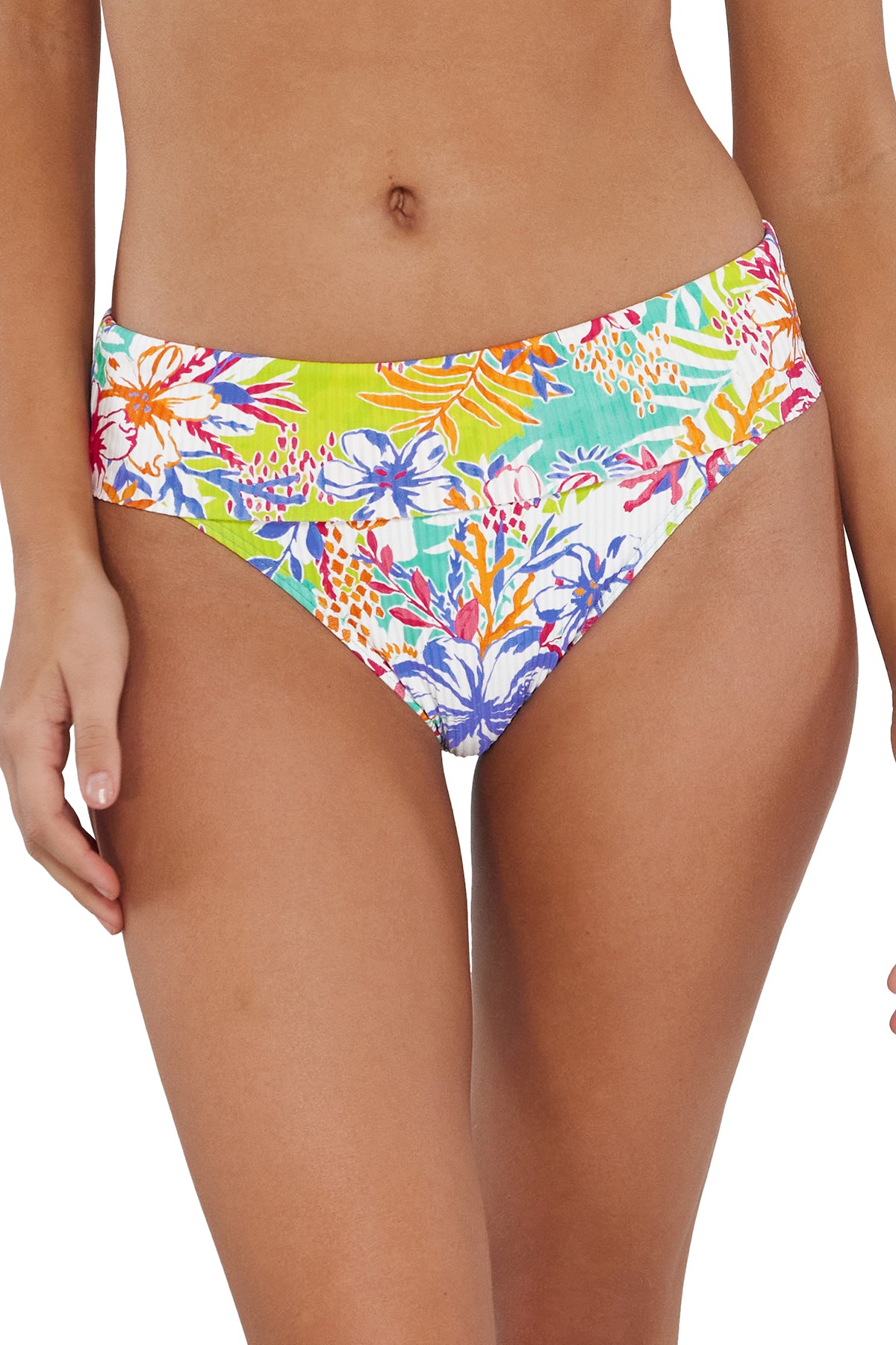 Front pose #1 of Jessica wearing Sunsets Botanical Bliss Sandbar Rib Hannah High Waist Bottom showing folded waist