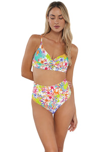 Active pose #1 of Jessica wearing Sunsets Botanical Bliss Sandbar Rib Hannah High Waist Bottom paired with matching