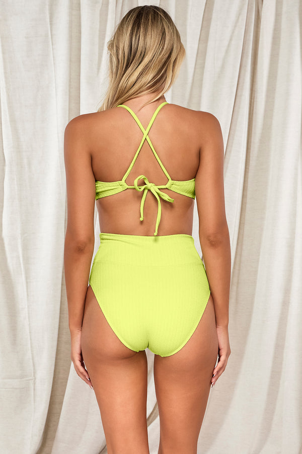 Back pose #1 of Jessica wearing Pacifica Bright Pear Hannah High Waist Bottom paired with matching