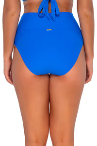 Back pose #1 of Taylor wearing Sunsets Electric Blue Hannah High Waist Bottom