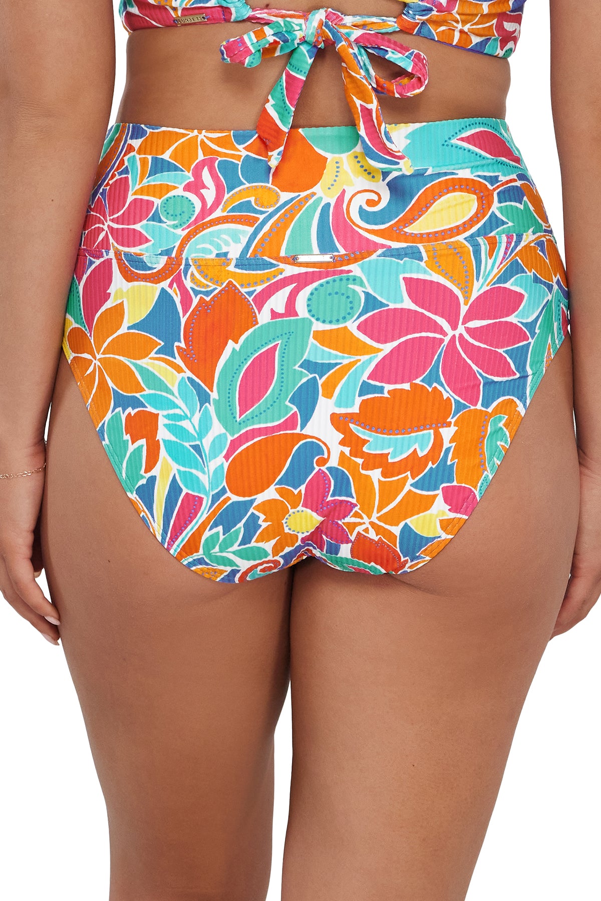 Back pose #1 of Taylor wearing Sunsets Festive Floral Sandbar Rib Hannah High Waist Bottom