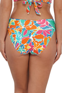 Back pose #1 of Taylor wearing Sunsets Festive Floral Sandbar Rib Hannah High Waist Bottom showing folded waist