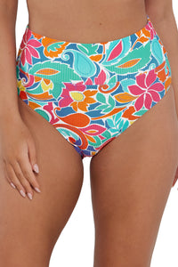 Front pose #1 of Taylor wearing Sunsets Festive Floral Sandbar Rib Hannah High Waist Bottom