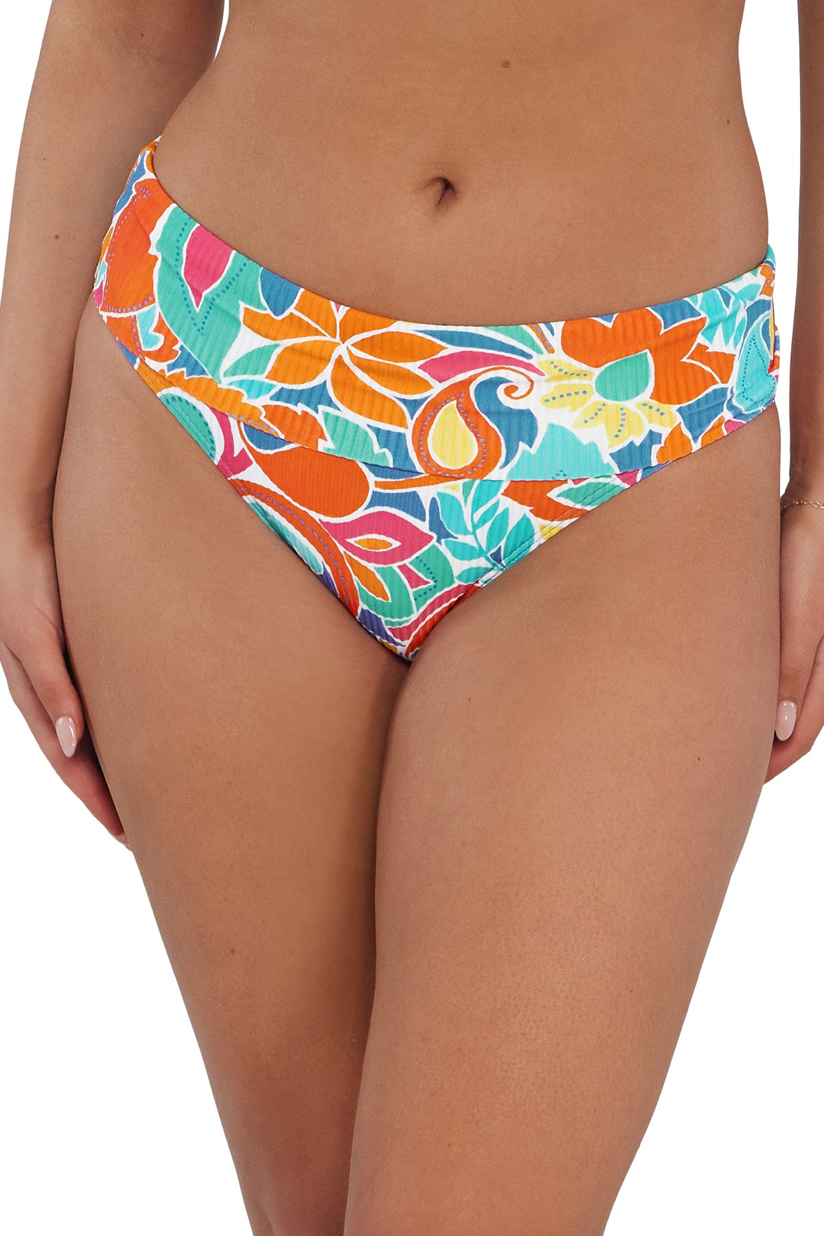 Front pose #1 of Taylor wearing Sunsets Festive Floral Sandbar Rib Hannah High Waist Bottom showing folded waist