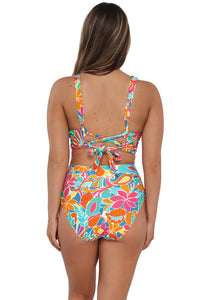 Back pose #1 of Taylor wearing Sunsets Festive Floral Sandbar Rib Hannah High Waist Bottom paired with matching