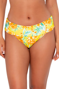 Front pose #1 of Taylor wearing Sunsets Golden Tropics Sandbar Rib Hannah High Waist Bottom showing folded waist