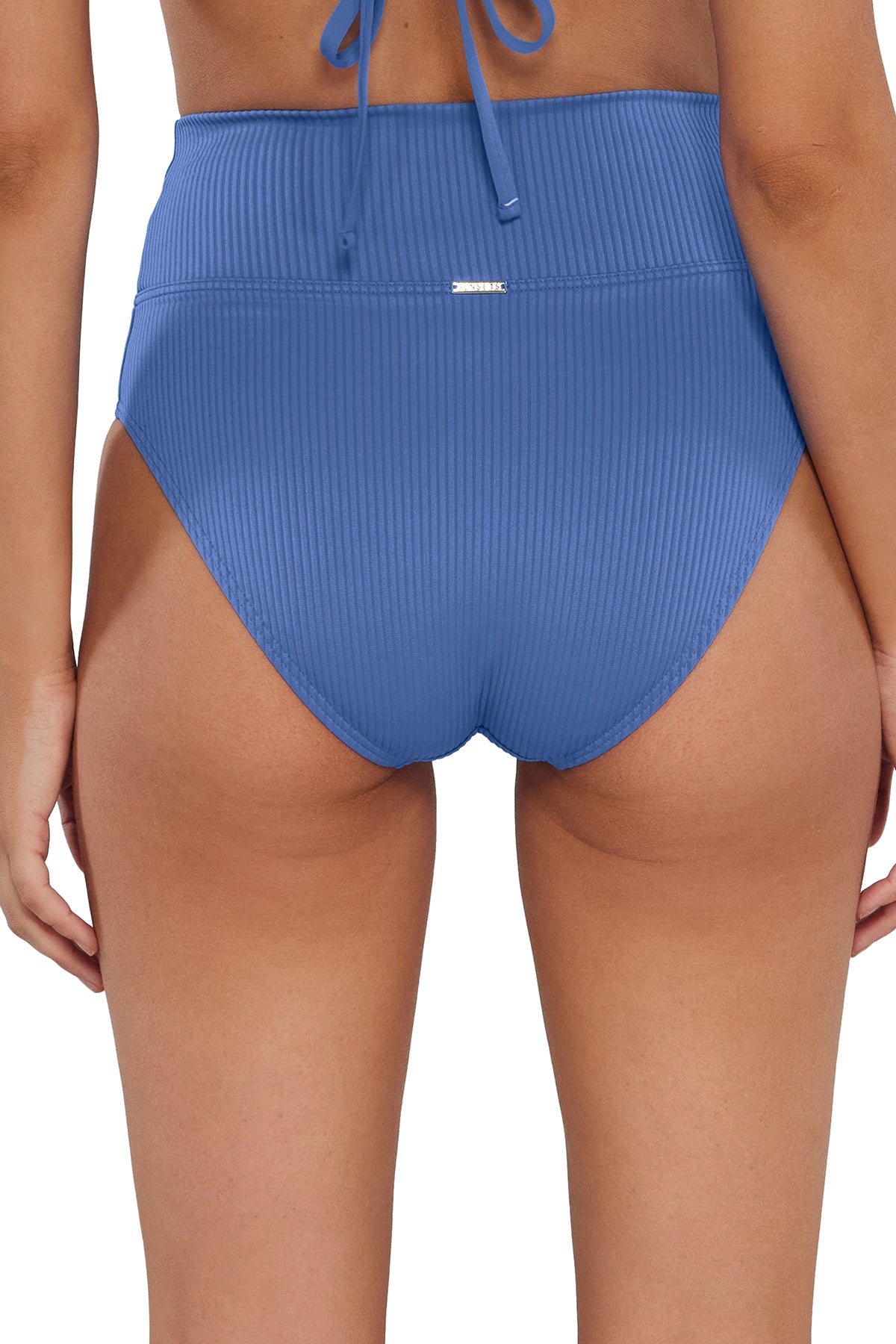 Back pose #1 of Jessica wearing Sunsets Harbor Blue Sandbar Rib Hannah High Waist Bottom