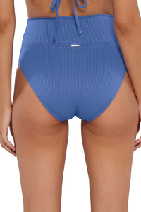 Back pose #1 of Jessica wearing Sunsets Harbor Blue Sandbar Rib Hannah High Waist Bottom