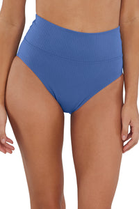 Front pose #1 of Jessica wearing Sunsets Harbor Blue Sandbar Rib Hannah High Waist Bottom