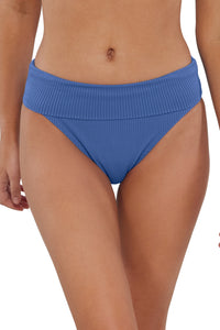 Front pose #1 of Jessica wearing Sunsets Harbor Blue Sandbar Rib Hannah High Waist Bottom showing folded waist