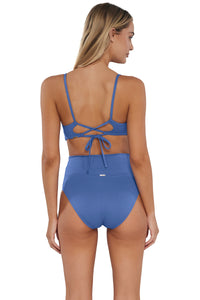 Back pose #1 of Jessica wearing Sunsets Harbor Blue Sandbar Rib Hannah High Waist Bottom paired with matching