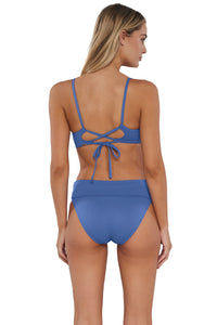 Back pose #1 of Jessica wearing Sunsets Harbor Blue Sandbar Rib Hannah High Waist Bottom showing folded waist paired with matching